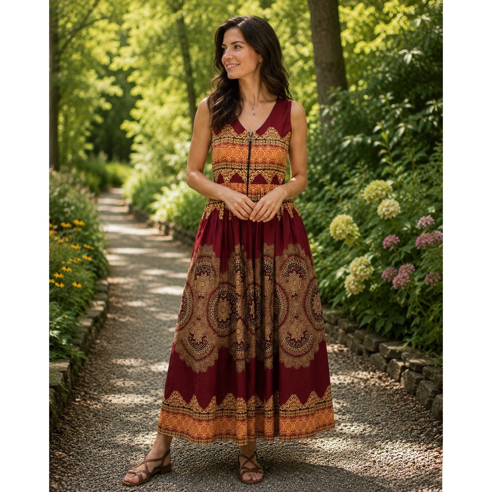 Unbranded Mandala Print Maxi Dress Womens Medium Burgundy Gold Boho Front Zip